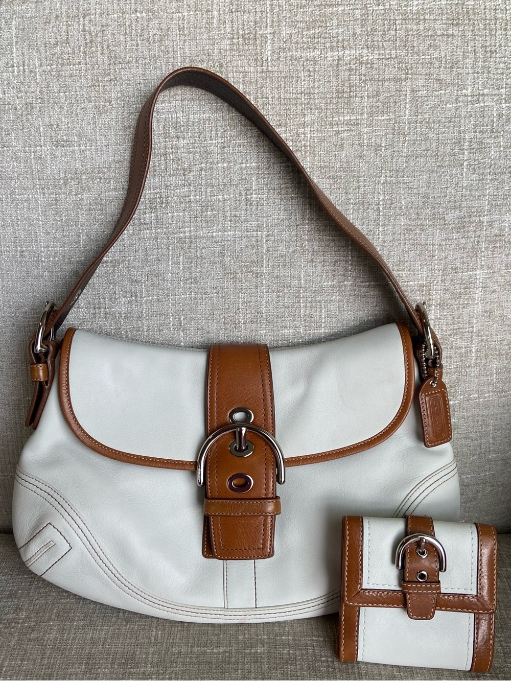 White and Tan Leather Shoulder Bag with Matching Wallet